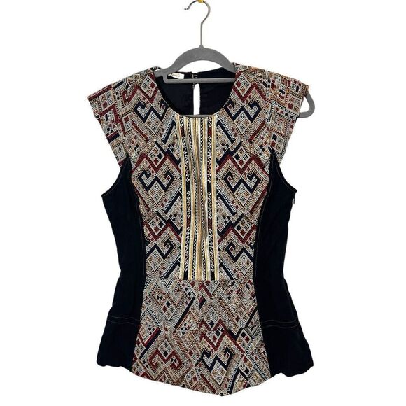 Burning Torch Top Women’s M Peplum Full Embroidered Geometric Structured Blouse - Picture 1 of 6